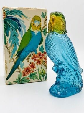 Vintage 70s Avon Island Parakeet Glass Perfume Decanter Charisma Empty Box Blue
